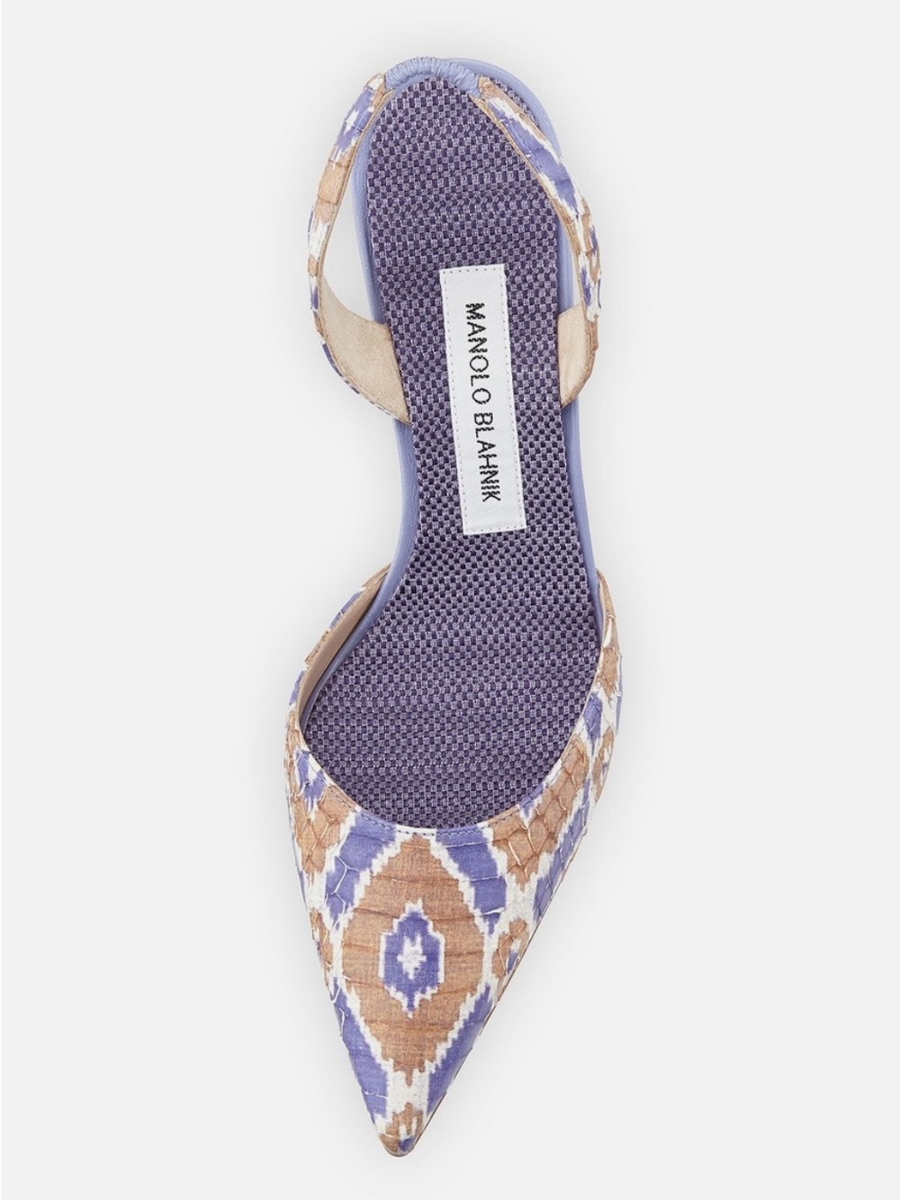 NEW Manolo Blahnik “Carolyne 90” Lilac and Tan Ikat Pointed-Toe Slingback